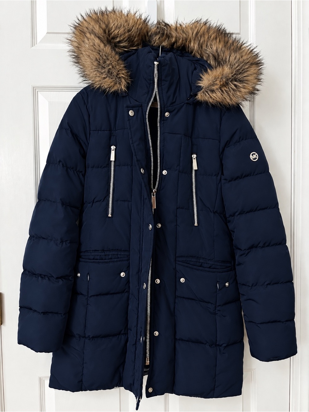 Michael Kors Navy Quilted Puffer Parka with Faux-Fur Trim